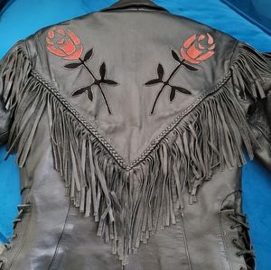 Vintage LG Cambridge int leather jacket with inlade red roses and fringe